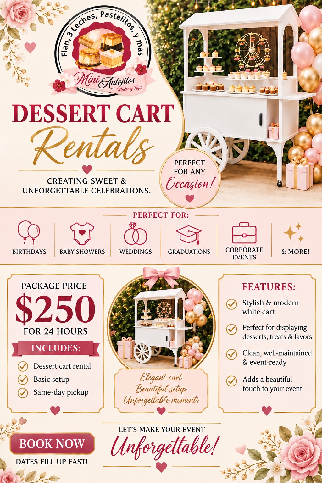 Mini Antojitos dessert cart rental for special occasions
